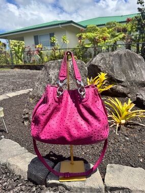 Furla 81888 Ostrich-Embossed Leather Satchel Crossbody Bag Fuchsia Made in Italy